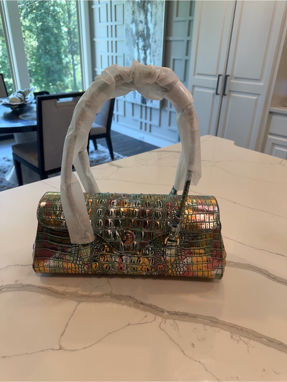 Brahmin Dayan Soulful Melbourne Iridescent Croc-Embossed Barrel Satchel -